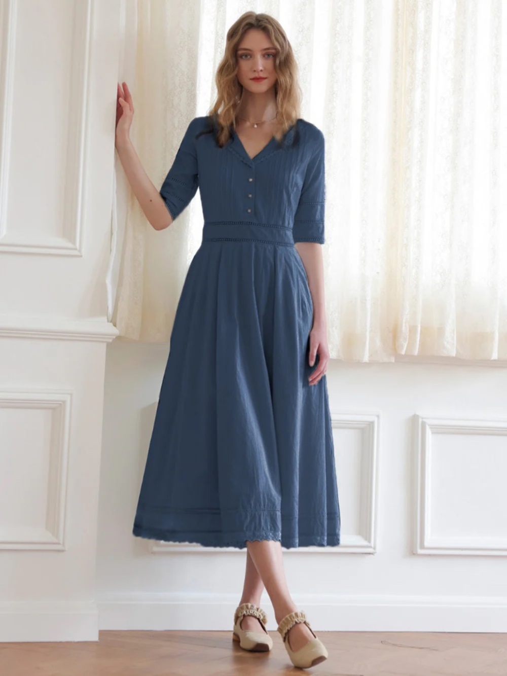 NWT SIMPLE RETRO FIONA 100% COTTON MIDI DRESS DARK BLUE SIZE MEDIUM